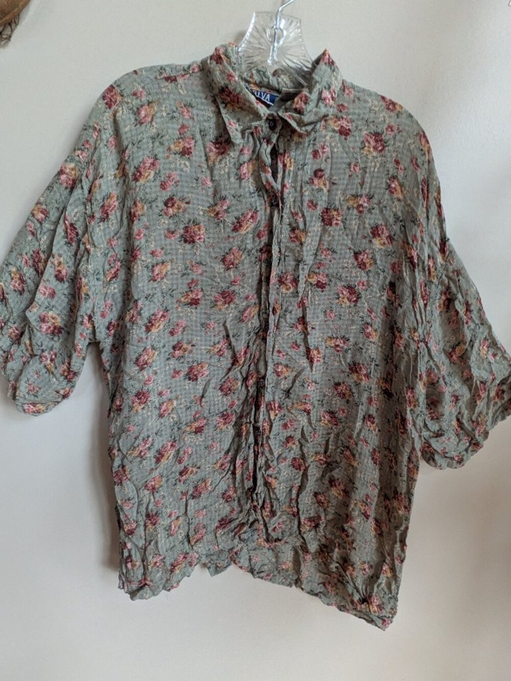 vintage riva 100% rayon green pink flowers short sleeve cottagecore top 1X #749